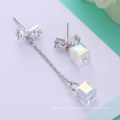 925 Sterling Silver Square Shaped Crystal Pendant Irregular Earrings